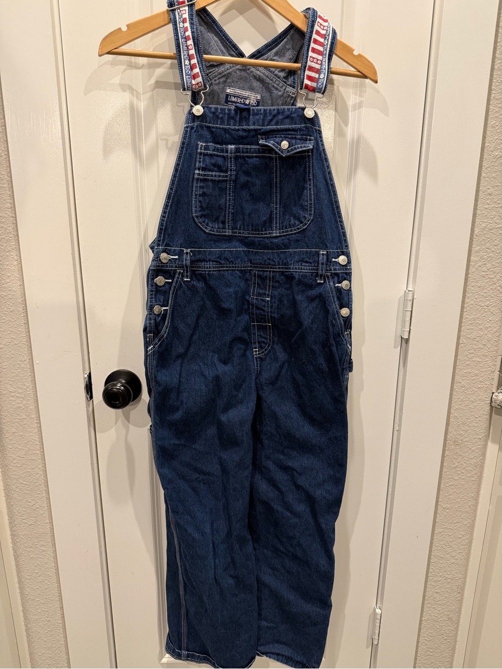 Limited Too Dark Blue Denim Overalls with Red, White & Blue Straps